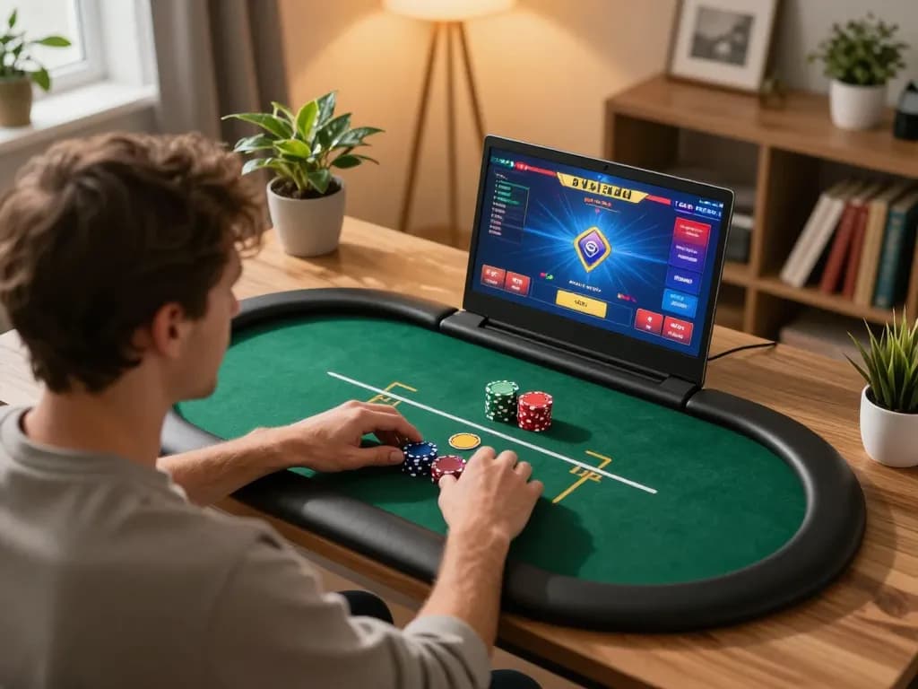 Engaged player enjoys poker on laptop at home, showcasing the 789club online gaming experience.