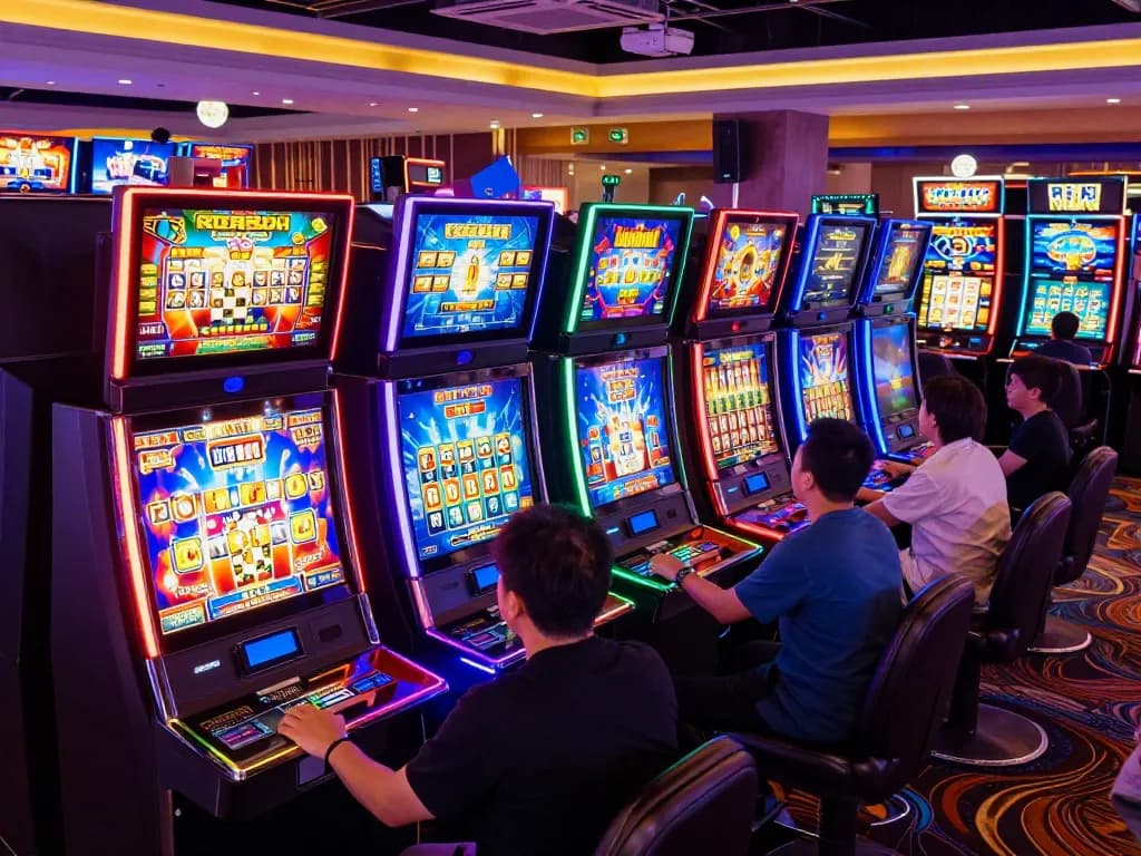 Players engaged with animated slot machines while enjoying kdslot gaming experience in vibrant casino setting.