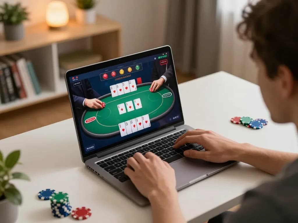 Pemain menggunakan laptop untuk bermain poker online di tamilmp3plus, memperlihatkan strategi dan fokus.