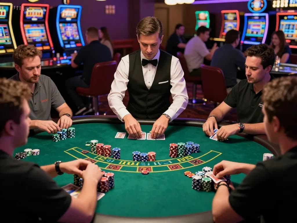 Players strategizing their bets at blackjack table in lively casino setting, featuring Da88 excitement.