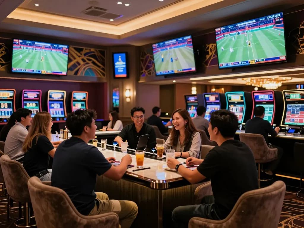 Engaged sports bettors at fabet's upscale lounge strategizing their bets amidst live games.