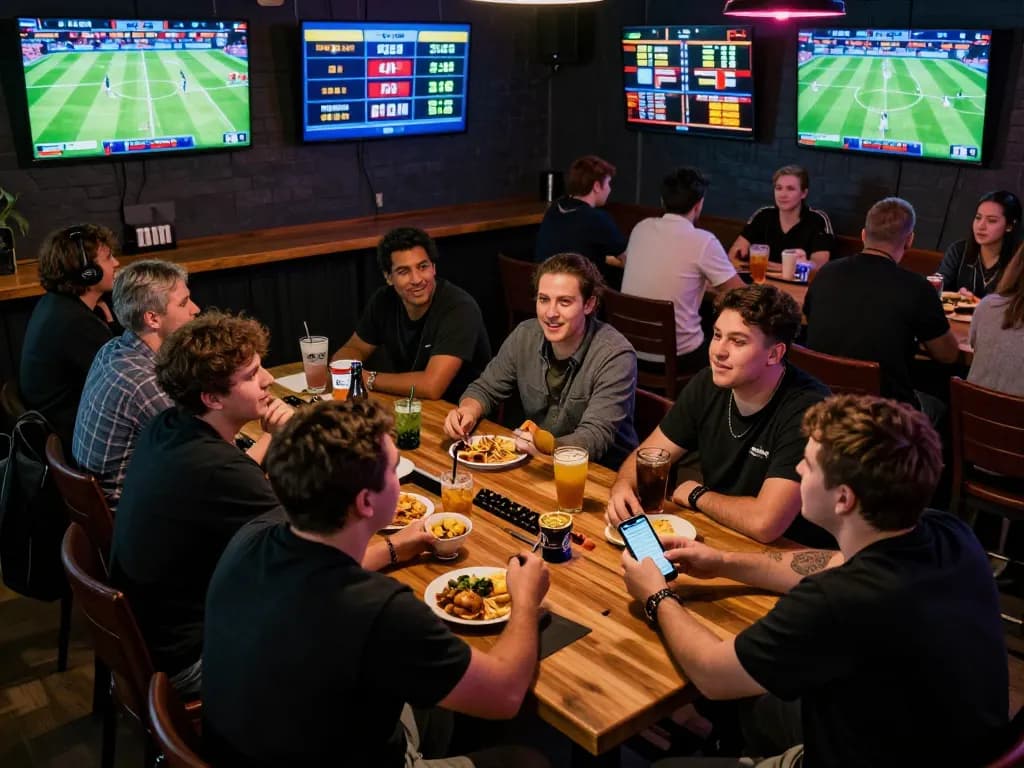 Engaged bettors exploring cược thể thao in a lively sports bar, with screens showing live events and betting odds.