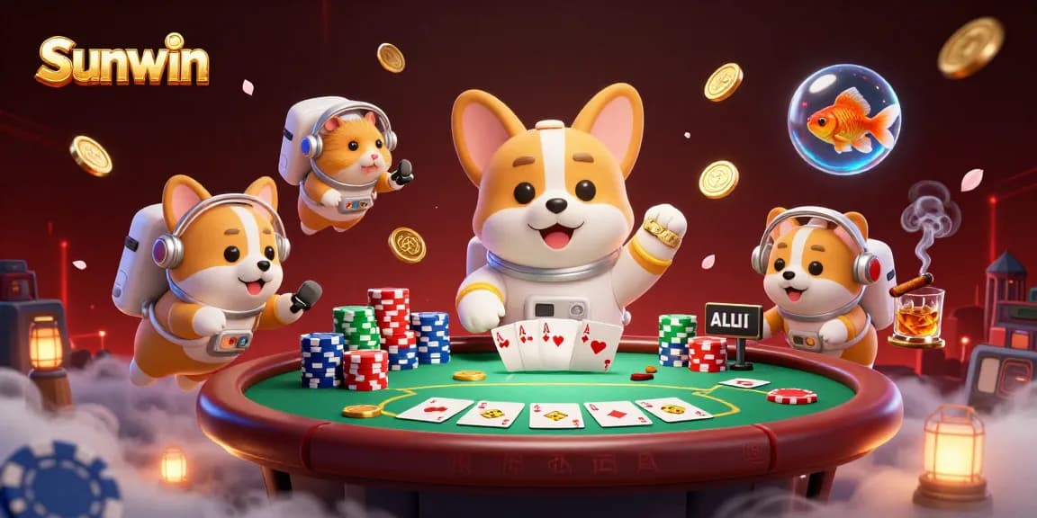 Sunwin casino illustration with a corgi astronaut in zero gravity, poker chips, and vibrant gameplay elements.
