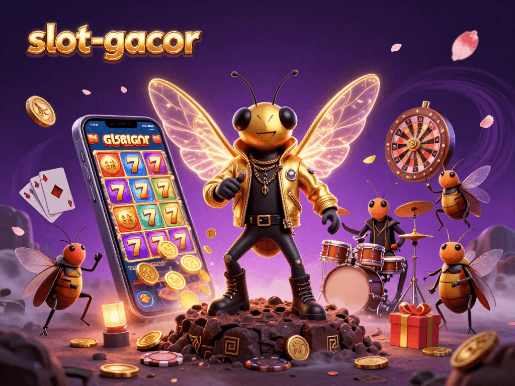 Experience thrilling wins with slot-gacor in this vibrant casino-themed illustration featuring energetic characters and slot game elements.