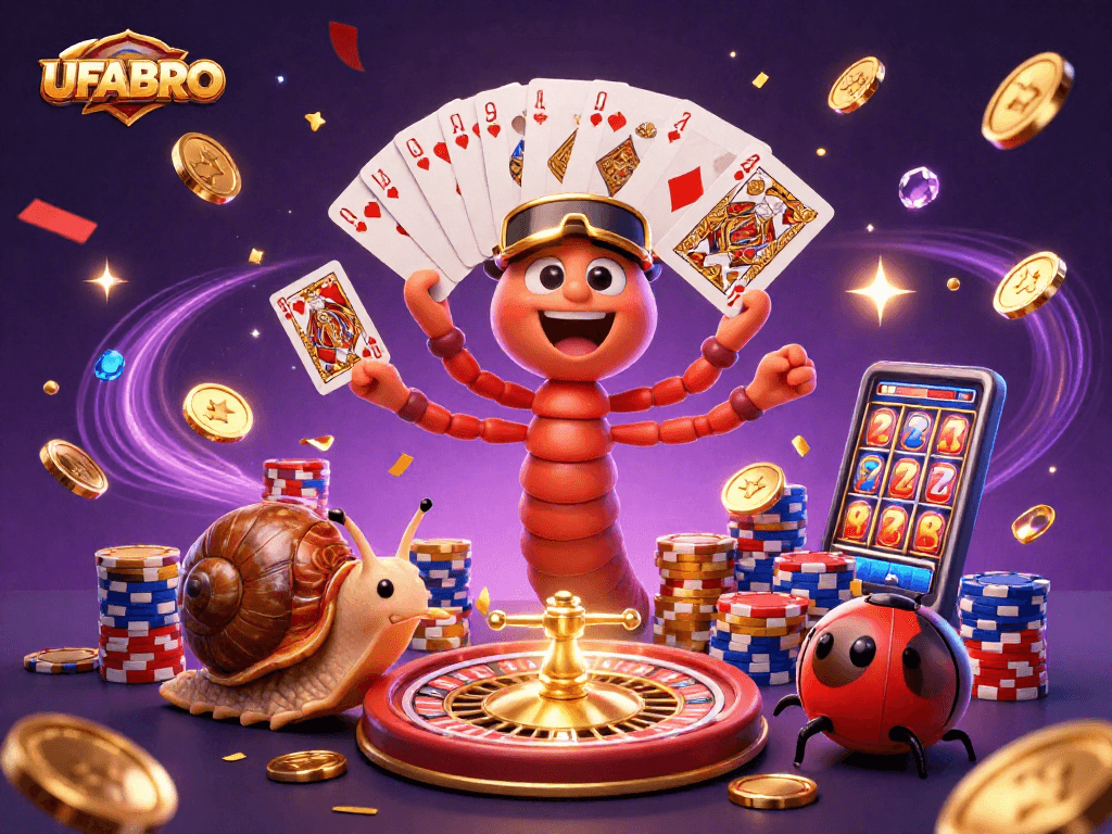 UFABRO invites players to engage in thrilling games with a vibrant 3D casino illustration.