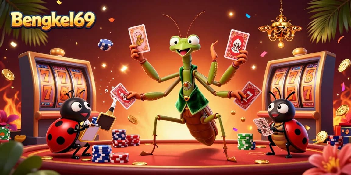 Engage with Bengkel69's thrilling casino scene featuring a giant mantis card sharp and lively gaming elements.