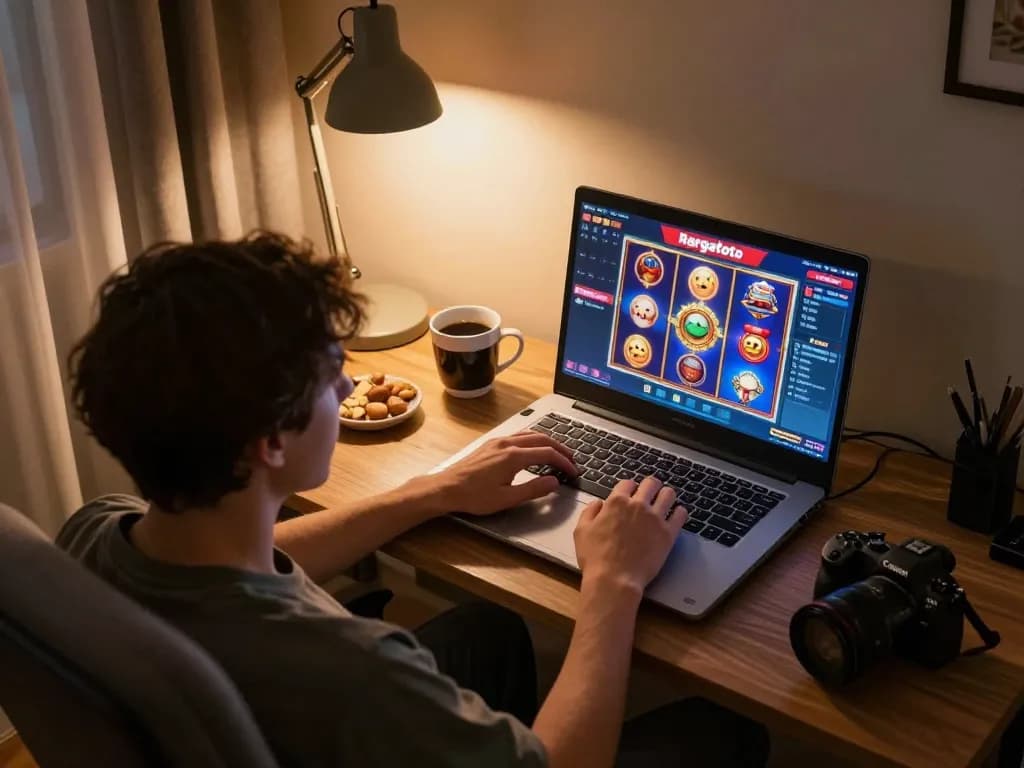Pemain yang terlibat menikmati permainan slot hargatoto di rumah dengan laptop.