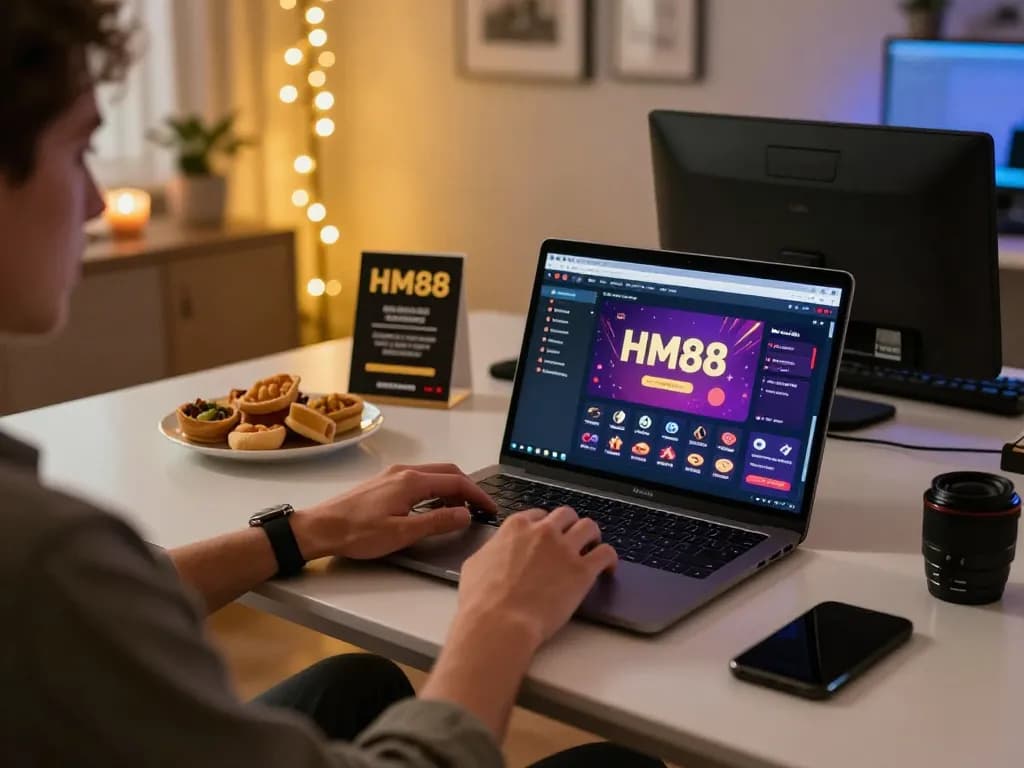 Player engaging with HM88 online casino platform in a cozy gaming setup