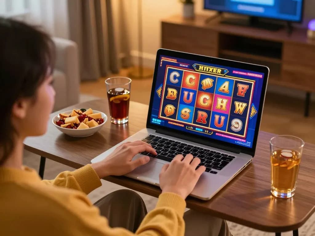 Player spins a situs slot on a laptop, celebrating wins in a cozy online gaming setup.