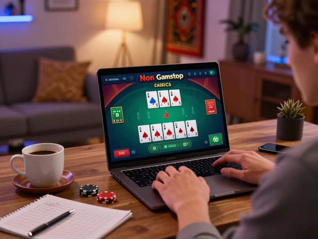Engaged player at home exploring non gamstop casinos with blackjack strategy on laptop.