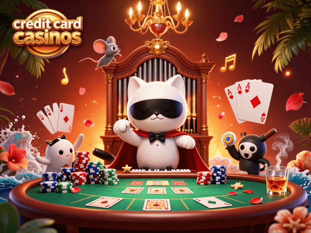 Witness excitement at credit card casinos with a dramatic scene featuring a masked cat organist and acrobat.