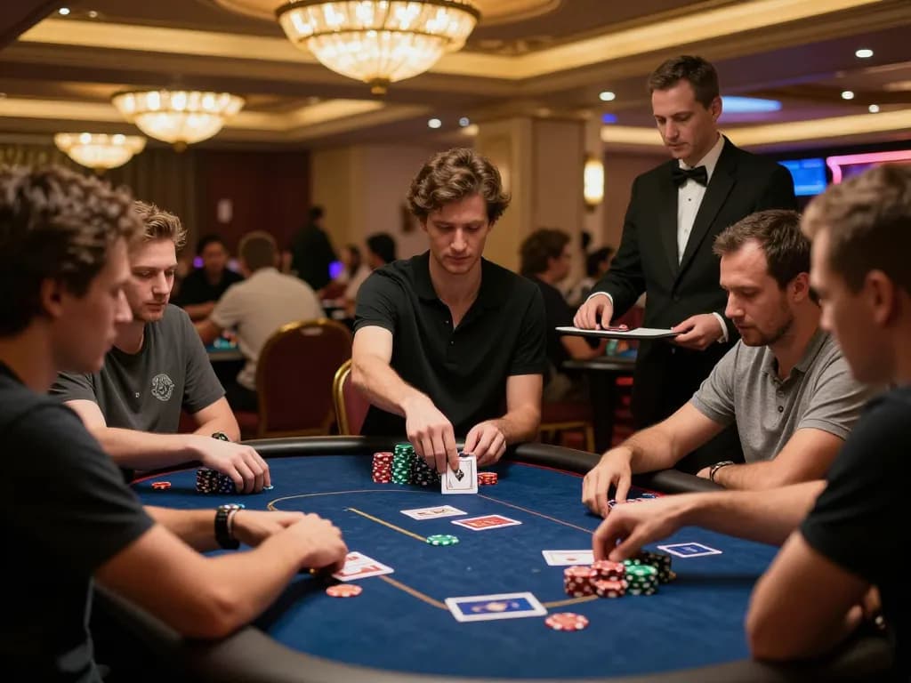 Experience intense poker gameplay at hz88 in a luxurious casino setting under warm ambient light.