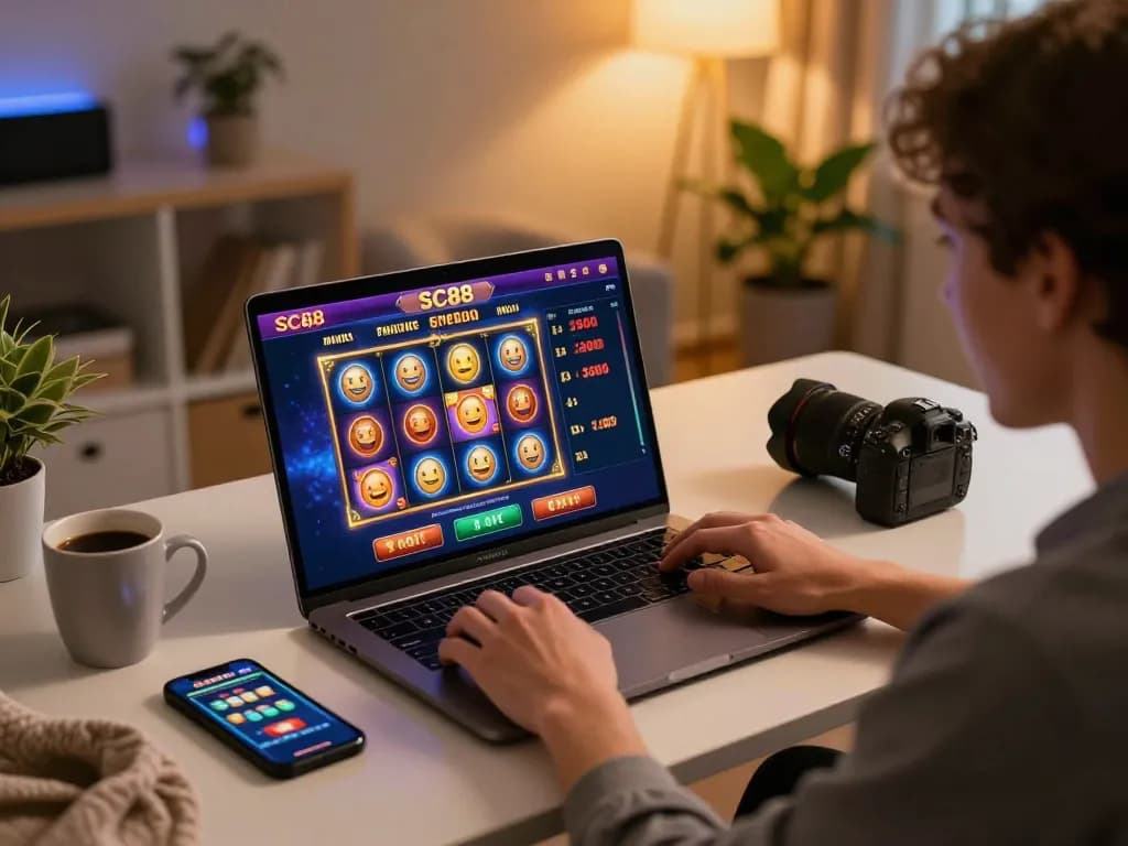 Player engaging with SC88 online casino interface, enjoying vibrant slot games at home.