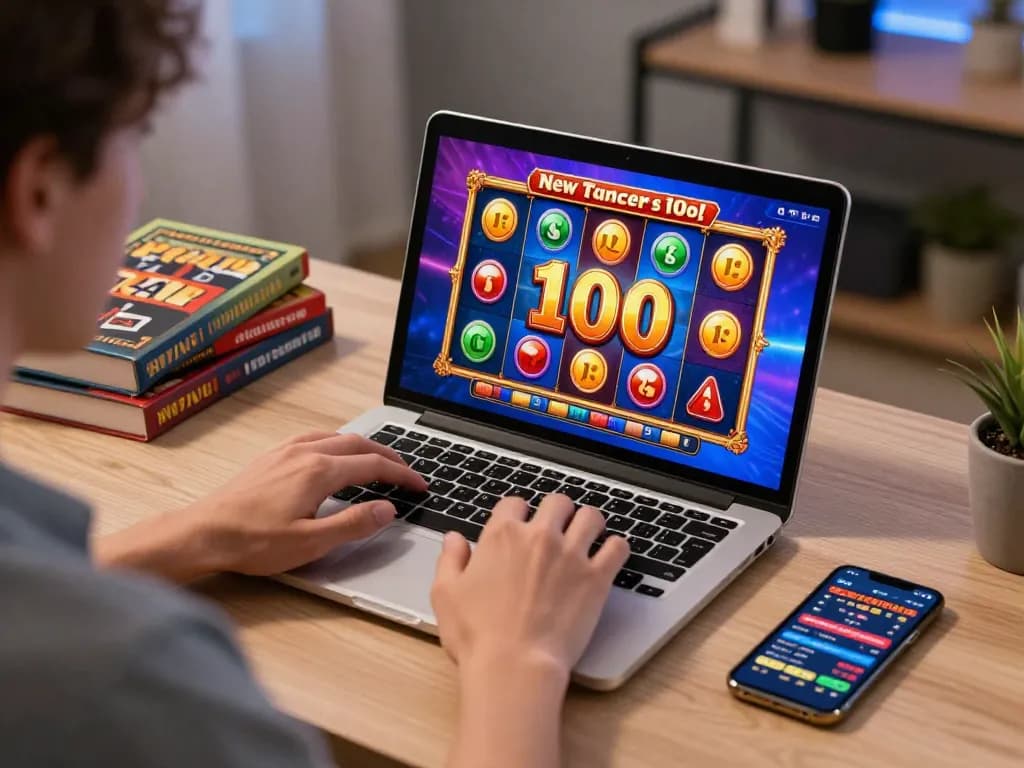 Engaging online gaming scene highlighting bonus new member 100 promotion on laptop with vibrant slot game interface.