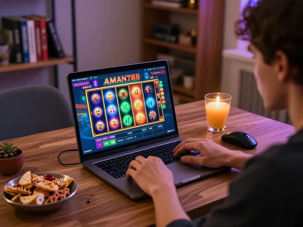 Person engaging with the AMAN788 online slot game at home, focused on the screen.