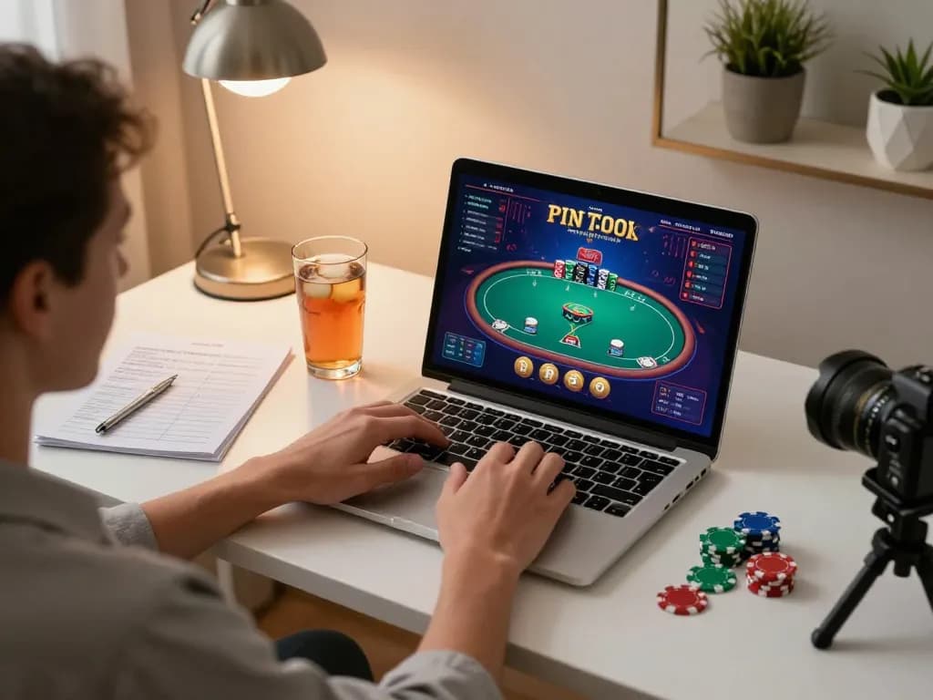 Engaging user playing poker on hubet platform at cozy home office setup, enhancing online gambling experience.