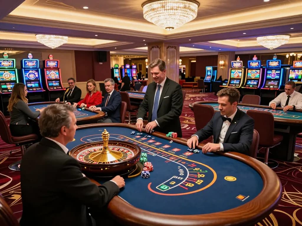 W88 players engaging in dynamic gaming experience at a luxurious casino with roulette and blackjack tables