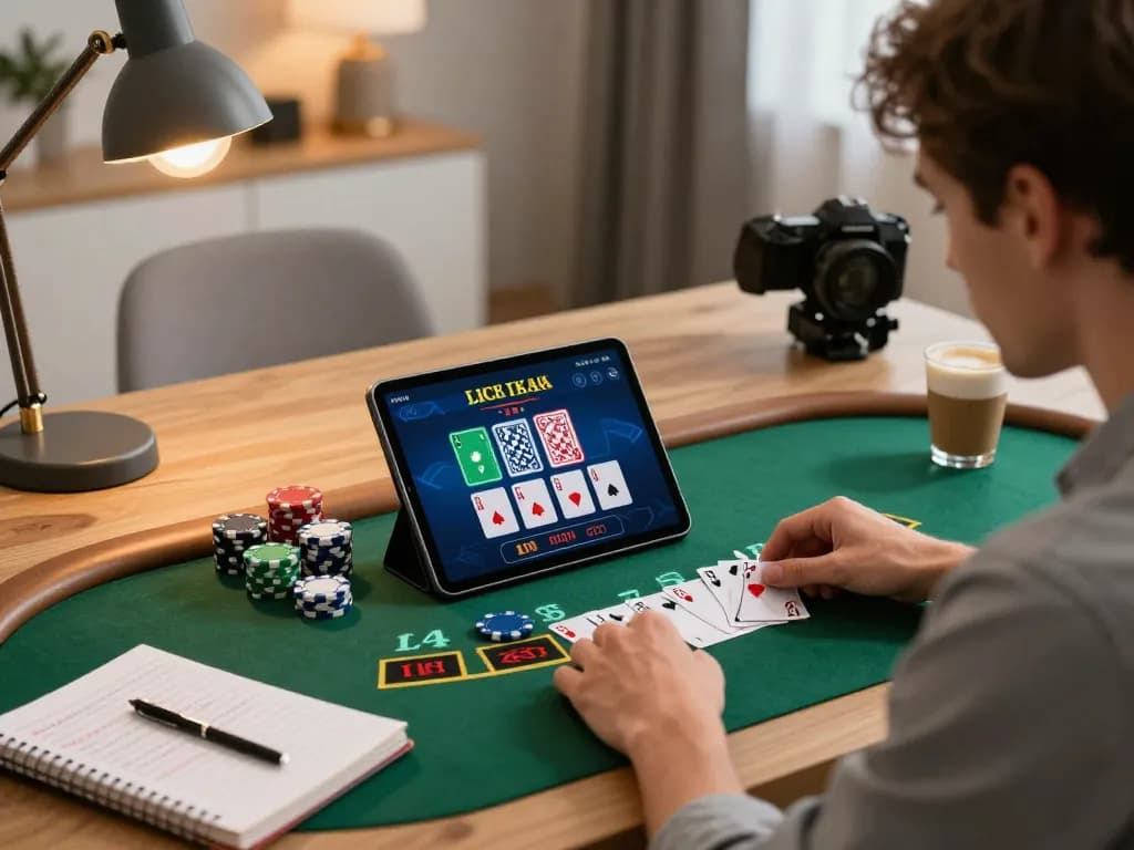Engaged player using platform INDOSLOT88 Indonesia on a tablet for live dealer blackjack.