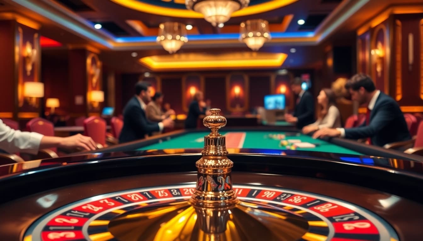 Engaging players at 18vip casino roulette table surrounded by vibrant chips and cards.