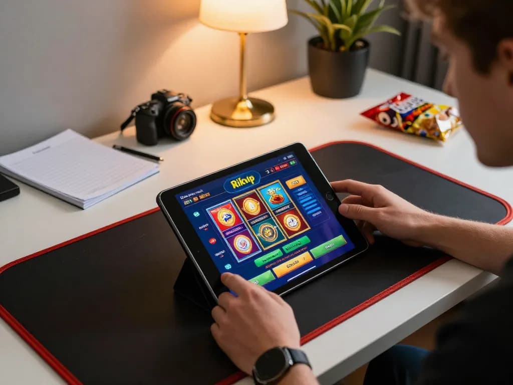 Engaging in Rikvip online casino gaming on a tablet, showcasing vibrant slot games and strategic gameplay