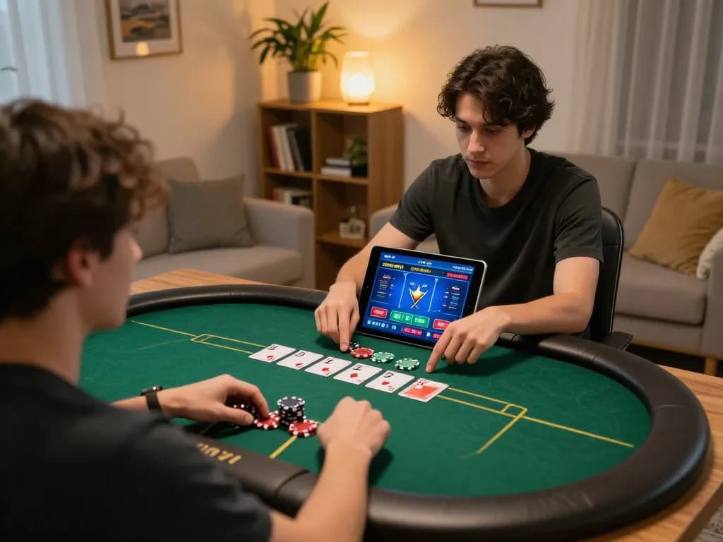 Engaging in online poker at home, player focuses on MM88 tablet interface with excitement.
