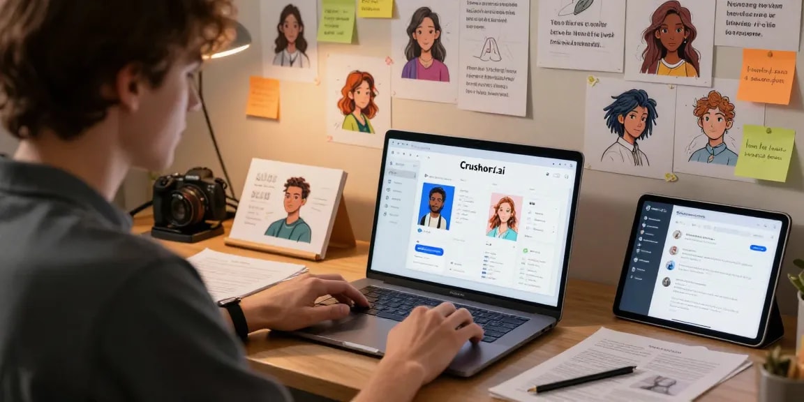 Interactive user experience with Crush on AI in a dynamic tech workspace showing character designs and UI elements.