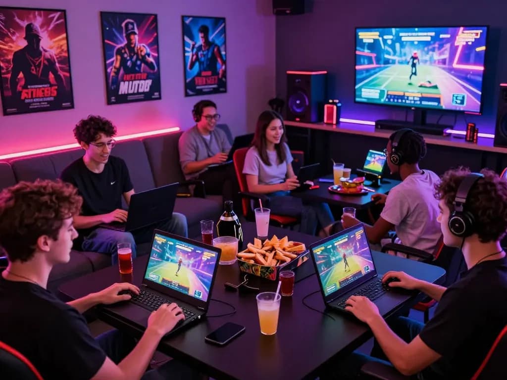 Group of adults enjoying porngames in a vibrant gaming lounge with interactive screens.
