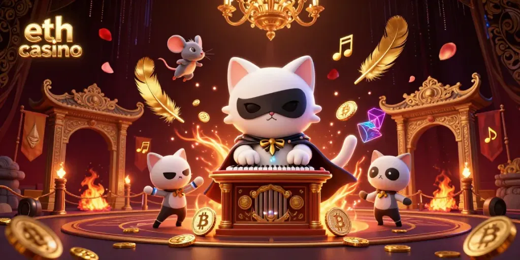 Engaging scene of eth casino showcasing a phantom cat and mouse acrobat with Ethereum coins in a vibrant casino.