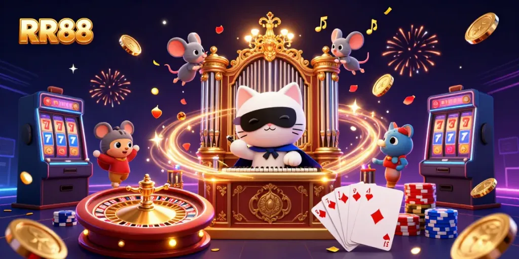 Experience the excitement of RR88 casino with a whimsical 3D scene featuring a phantom cat and golden treasures.