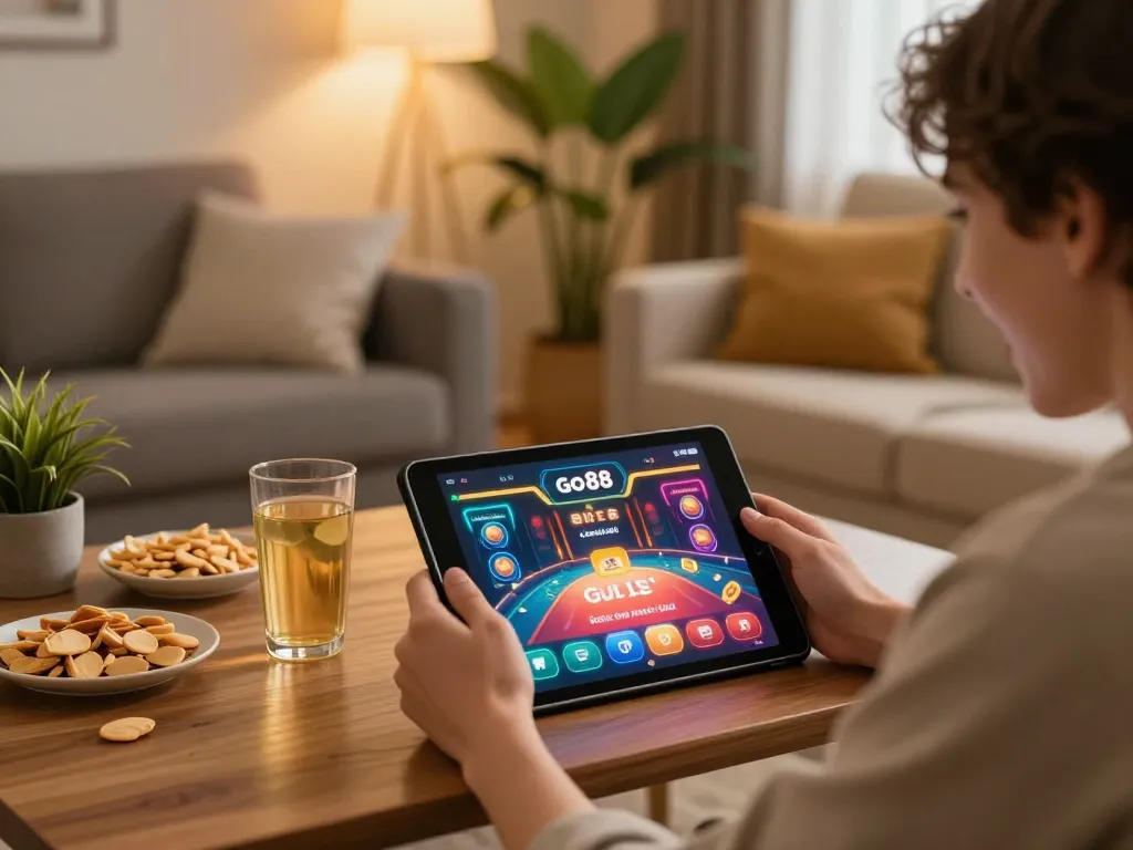 Enjoying an engaging game go88 session on a tablet in a cozy living room.