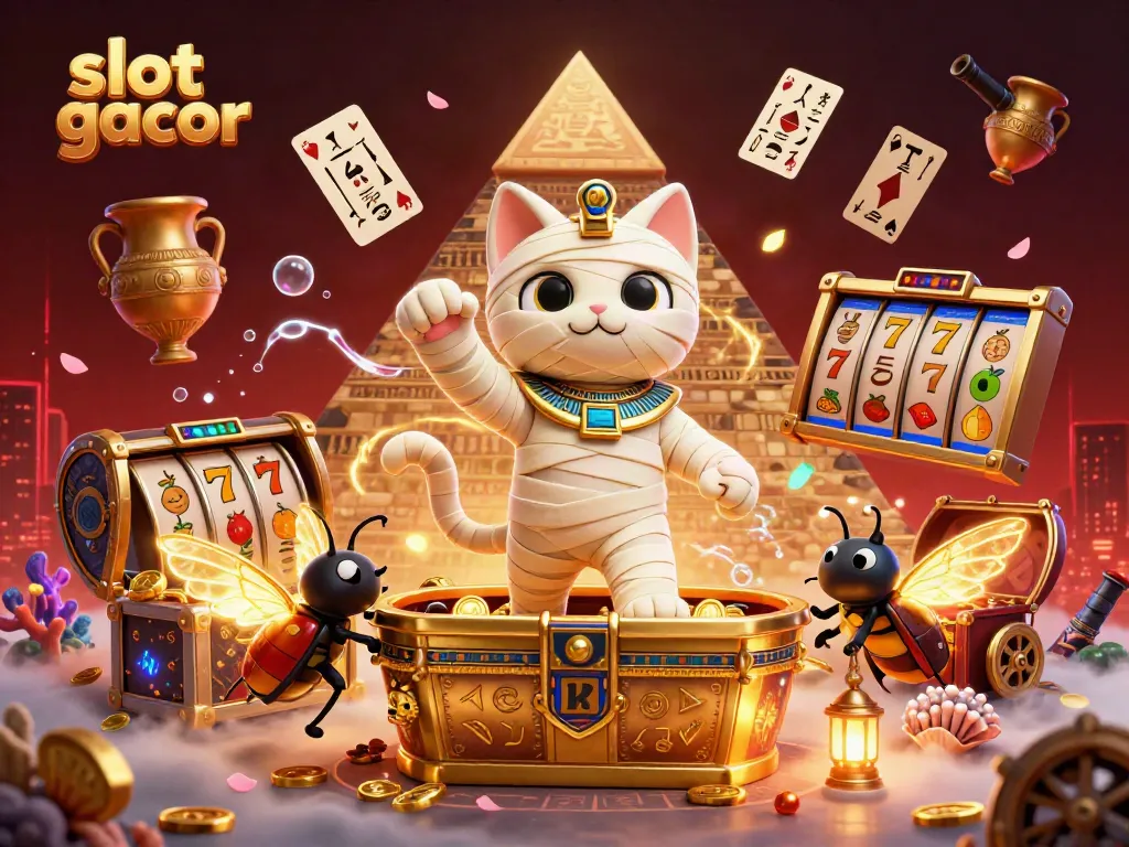 Experience thrilling slot gacor action with a dramatic mummy cat bursting from a sarcophagus in a vibrant casino.