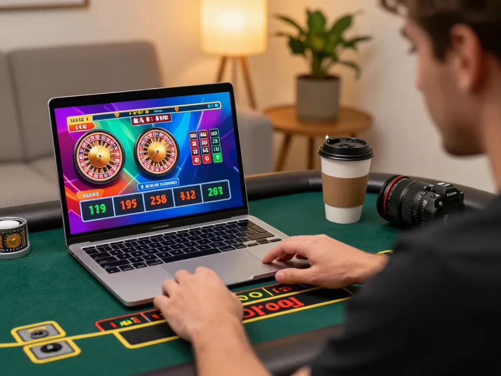 Player enjoying a live casino game on 88vv platform in a cozy home setting, showcasing interactive betting experience.
