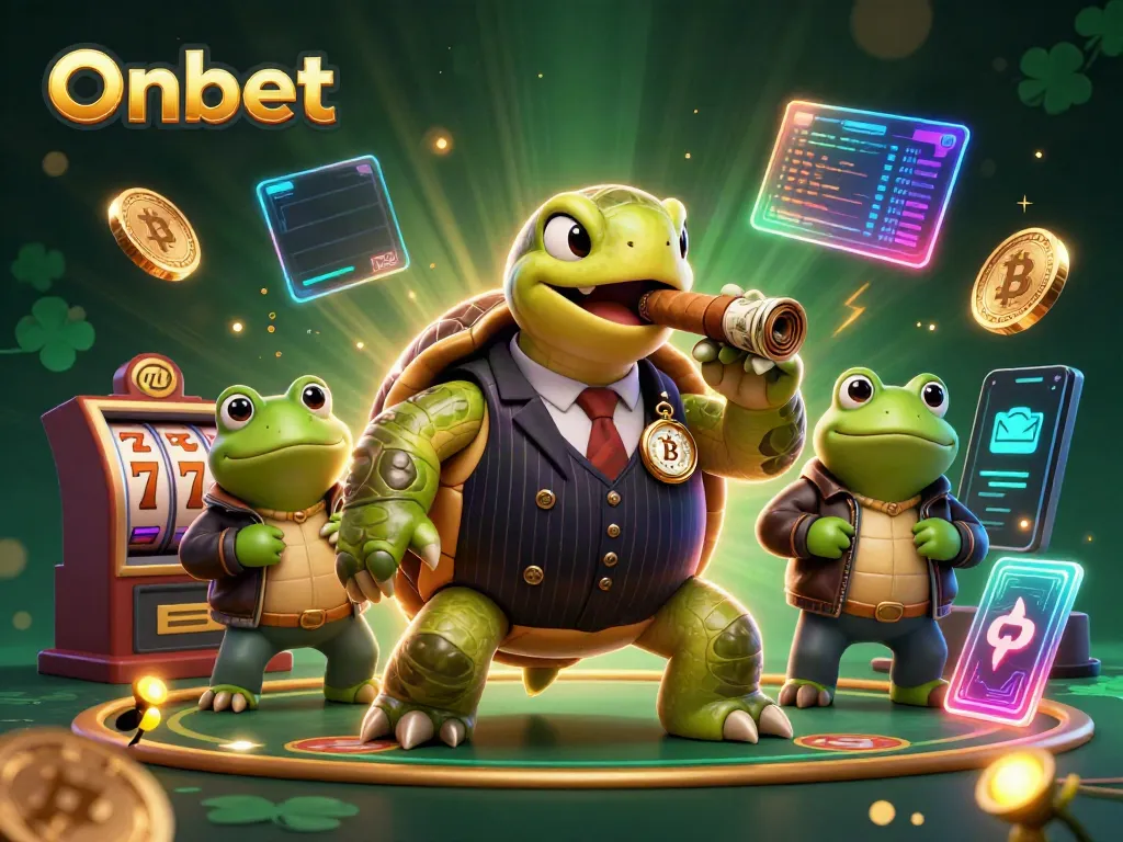 Experience thrilling gaming at Onbet with a dynamic casino scene featuring a mobster turtle and bullfrogs.