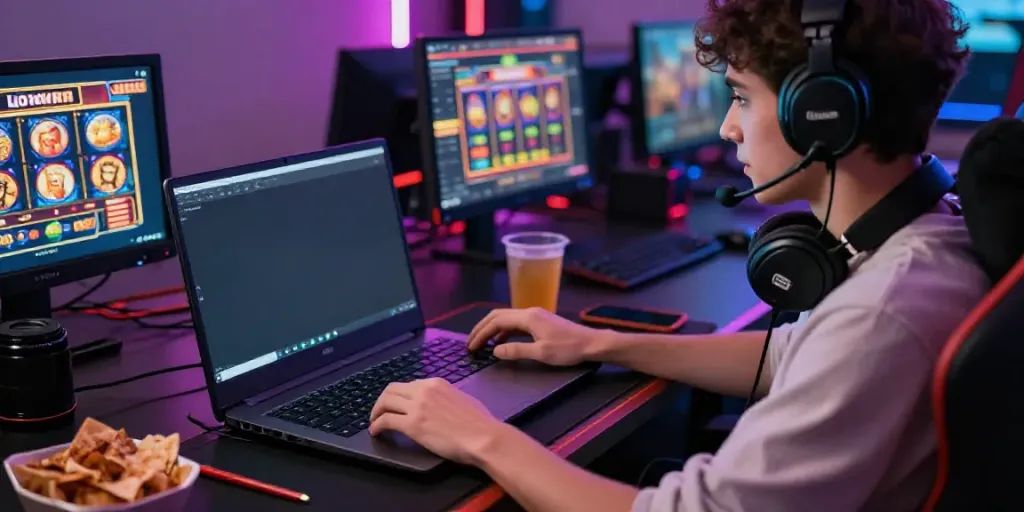 Engaging gaming setup showcasing loket88 slot games on a sleek laptop with vibrant graphics and ambient lighting.