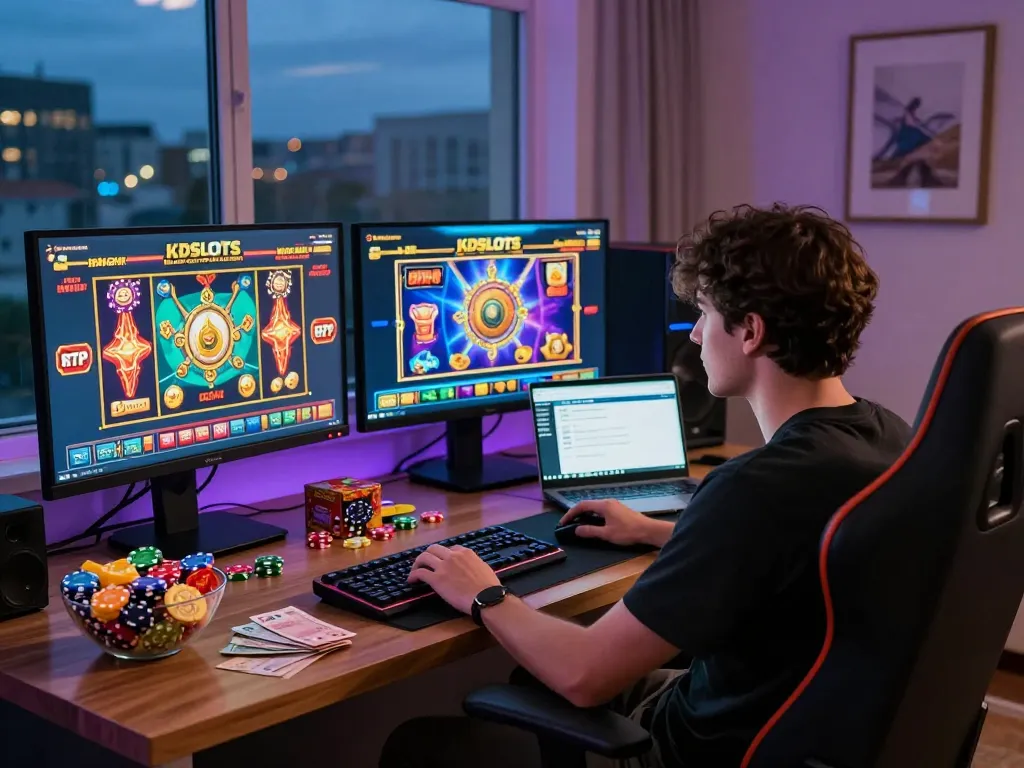 Player enjoying KDSLOT online gaming experience with vibrant slot games and inviting atmosphere.