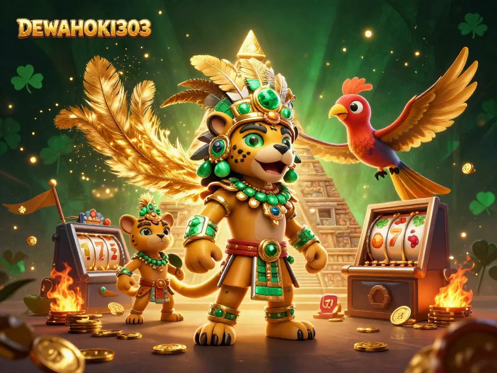 Menangkan jackpot dengan DEWAHOKI303, perlihatkan simbol keberuntungan dan koin emas.