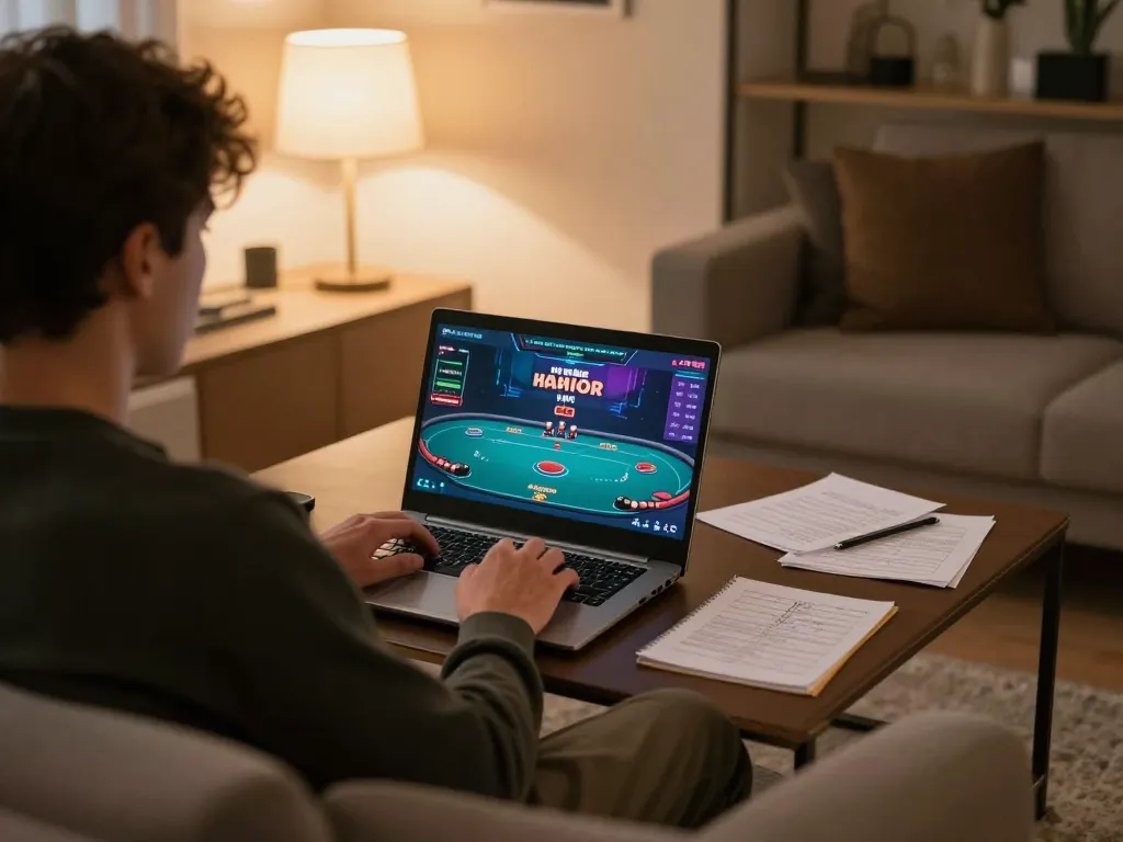 Play exciting poker online at amigogrillandco in a cozy home setup with strategic notes.