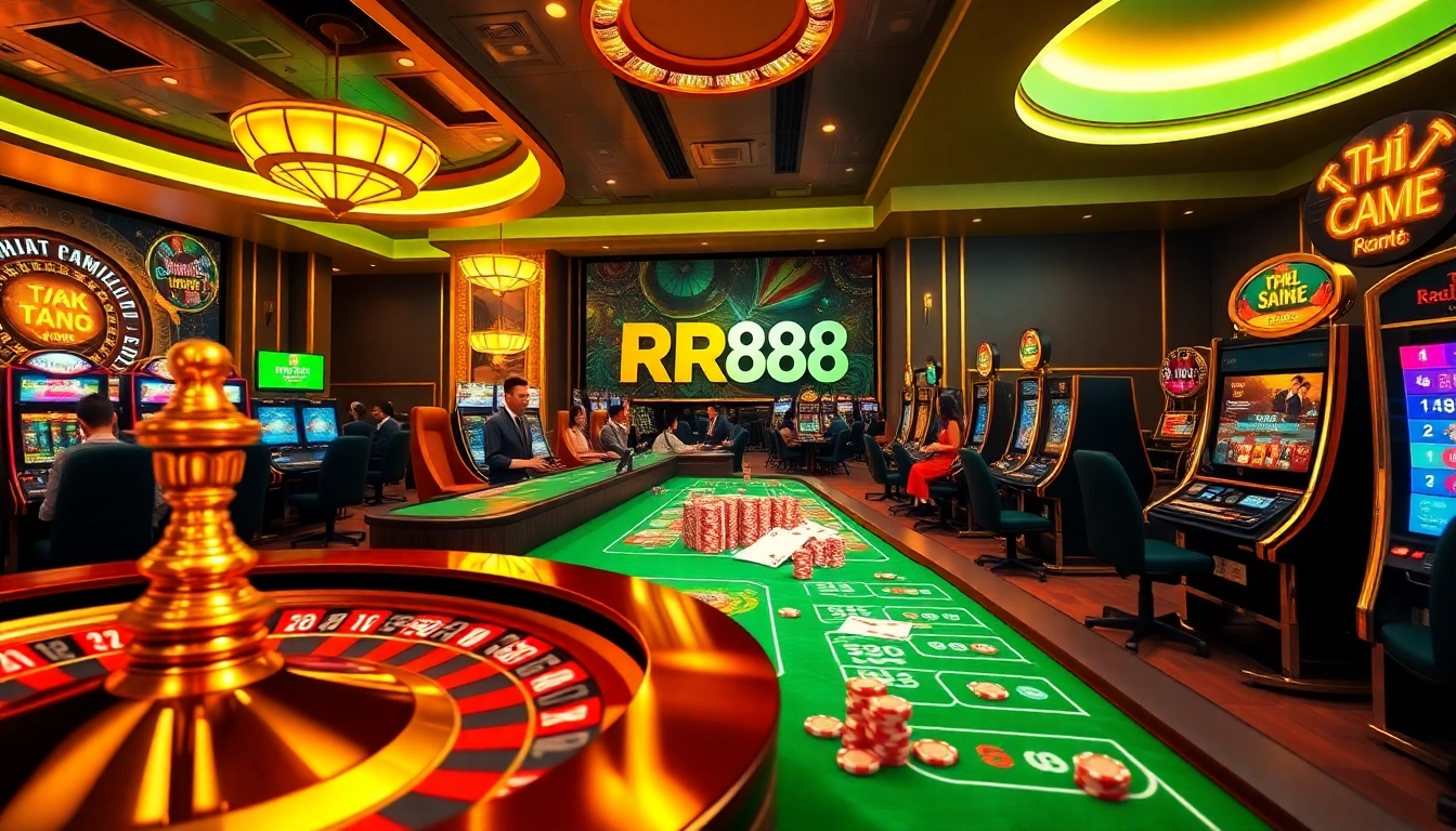 Experience the thrill of online gaming with Nhà Cái RR88's vibrant casino environment filled with poker chips and roulette.