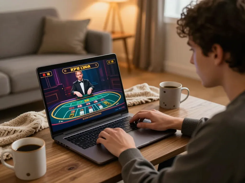 Casino player enjoying live dealer game on laptop at home, creating immersive online gambling experience.