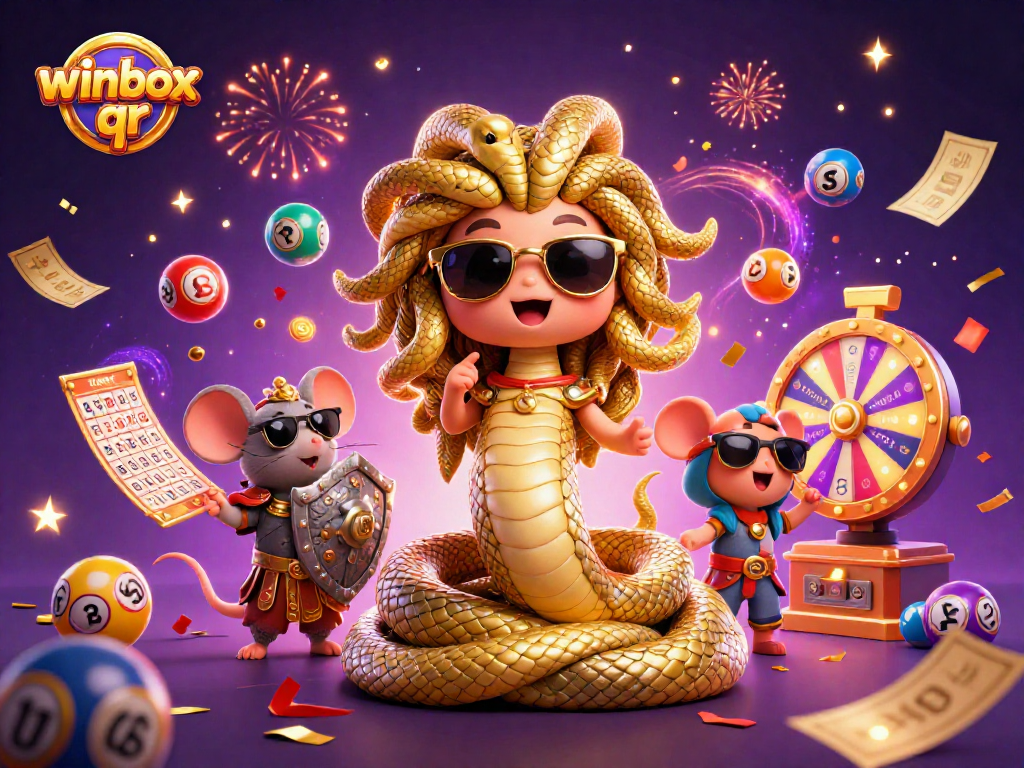 Winbox qr lottery animation featuring Medusa and a warrior mouse in vibrant casino scene
