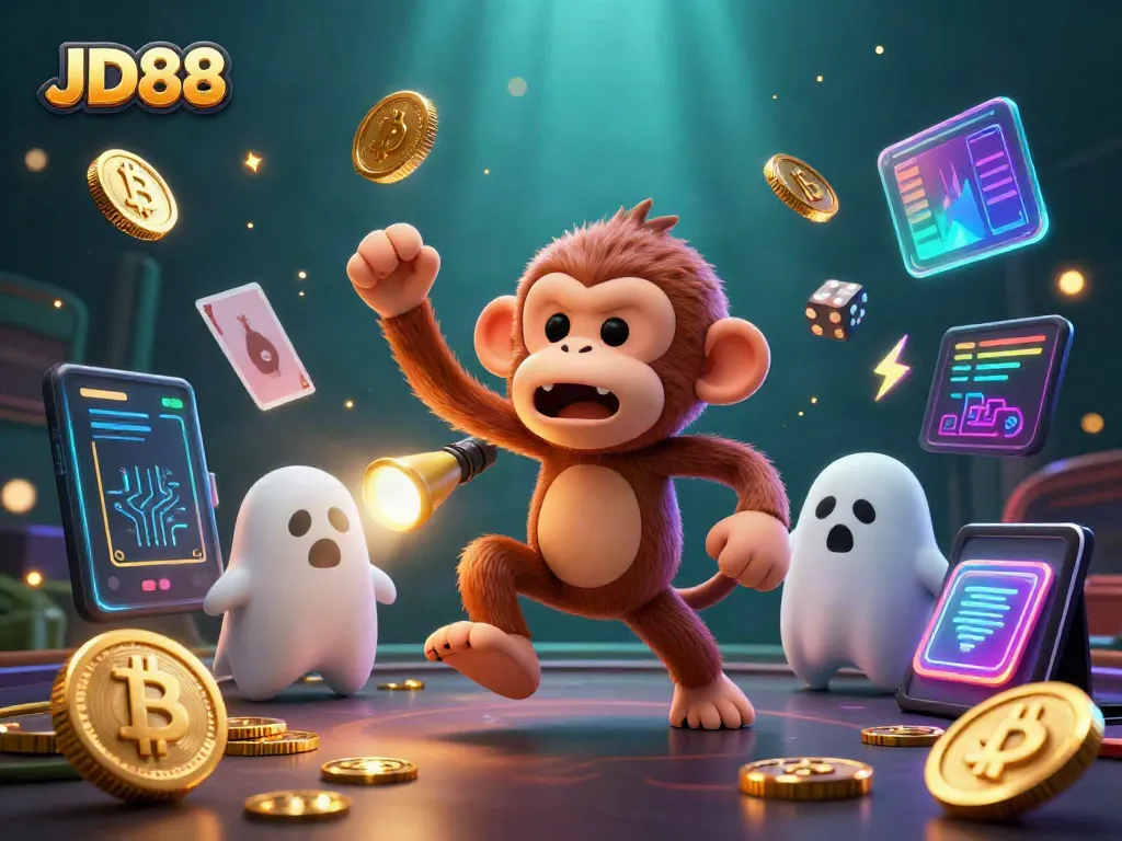 JD88 casino adventure featuring a mischievous monkey juggling coins, digital elements, and a curious puppy.