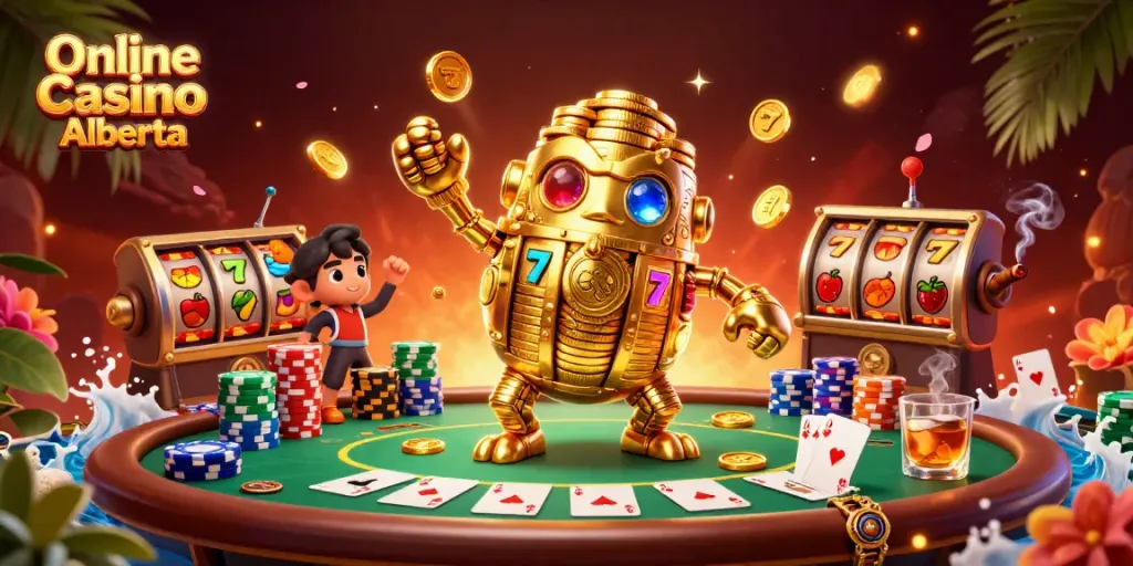 Experience thrilling gameplay at Online Casino Alberta featuring a vibrant poker scene with a golden golem and rich casino elements.