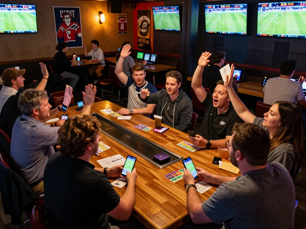 Cược thể thao being placed in a vibrant sports bar, showcasing patrons engaged in betting and enjoying live sports events.