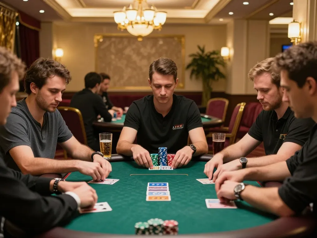 Pemain poker taruhan tinggi Bintangmpo merumuskan strategi di lingkungan kasino mewah.