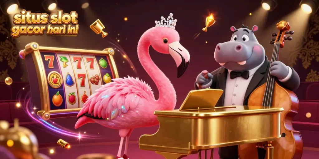 Situs slot gacor hari ini menampilkan penyanyi flamingo dan musisi hippo di kasino, dikelilingi simbol slot.