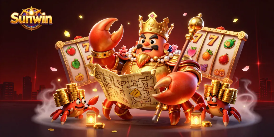 Sunwin online casino features a majestic crab emperor with treasure mapping out winning strategies amid dynamic gaming elements.