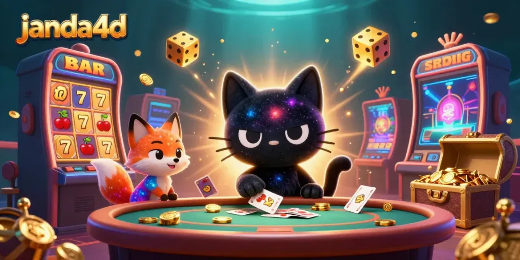 Permainan slot menarik di JANDA4D, di mana kucing hitam 3D mengumpulkan chip emas di meja kasino kosmik.