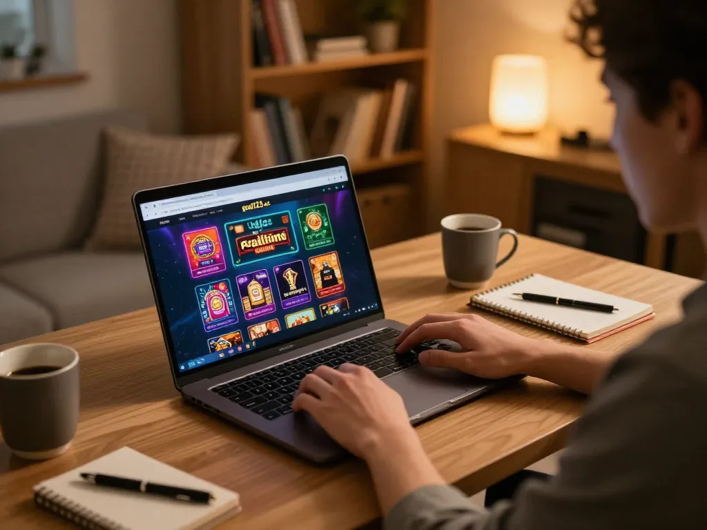 Player strategizing on goal123.ac using laptop for online casino gaming in a cozy home office