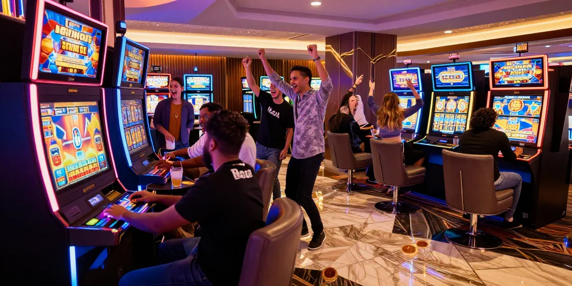Excited friends enjoying a thrilling slot machine experience in a vibrant casino setting.