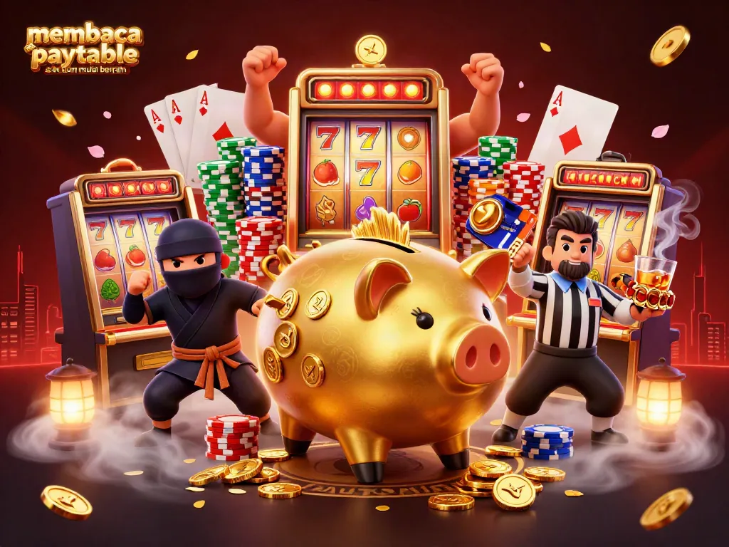 Membaca paytable sebelum mulai bermain dengan ilustrasi karakter kasino yang terlibat dalam aksi menggembirakan.
